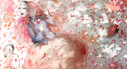 Rule 34 | 1girl, bow, bowtie, bubble skirt, cherry blossoms, dress shirt, closed eyes, fox mask, hata no kokoro, highres, long hair, lying, mask, mouth mask, nine (liuyuhao1992), noh mask, oni mask, partially submerged, petals, pink hair, plaid, plaid shirt, shirt, skirt, solo, touhou, water