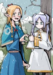 Rule 34 | 2girls, absurdres, blonde hair, blue eyes, blush, braid, dungeon meshi, elf, frieren, green eyes, hair ornament, hansoom (latebirdwakeup), heart hands failure, highres, marcille donato, multiple girls, open mouth, pointy ears, purple hair, smile, snow on head, sousou no frieren, thumbs up, tree, twin braids, twintails