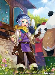 Rule 34 | 1boy, bag, blonde hair, blue eyes, bug, butterfly, copyright name, flower, force of will, gem, gloves, grass, green eyes, hat, heterochromia, bug, jewelry, leaf, male focus, matsurika youko, mirror, multicolored hair, necklace, official art, open mouth, panda, pink hair, scarf, sparkle, teeth, tree, two-tone hair, upper body