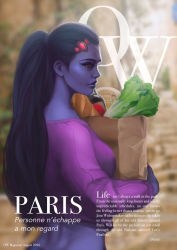 Rule 34 | 1girl, bag, black hair, casual, colored skin, cover, english text, eyebrows, fake cover, food, france, french text, hair ornament, hairclip, highres, lips, long hair, nose, overwatch, overwatch 1, paper bag, ponytail, purple skin, realistic, revision, shopping bag, solo, sweater, text focus, weijic, widowmaker (overwatch), yellow eyes