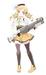 Rule 34 | 1girl, blonde hair, breasts, china lake grenade launcher, corset, drill hair, full body, grenade launcher, gun, hat, high heels, highres, mahou shoujo madoka magica, medium breasts, prototype design, pump-action grenade launcher, pump action, ribbon, simple background, skirt, thighhighs, tomoe mami, toshi (little-fluffy-cloud), weapon, white background, yellow eyes, yellow ribbon