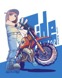 Rule 34 | 1girl, artist name, baseball cap, belt, black footwear, blue belt, blue headwear, blue pants, boots, commentary, dirtbike, engine, english commentary, hair behind ear, hat, highres, logo, minibike, mixed-language commentary, motor vehicle, motorcycle, original, pants, pink hair, sapo (saaaapo po), shadow, tide (detergent), v, vehicle focus