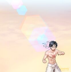 Rule 34 | 1boy, alternate costume, black hair, headband, male focus, monkey d. luffy, one piece, pants, scar, scar on chest, sephirona, short hair, solo, toned, toned male, topless male, white pants