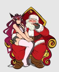 Rule 34 | 1boy, 1girl, beard, blue eyes, bra, christmas, cigar, facial hair, gloves, hat, heterochromia, highres, hololive, hololive english, horns, irys (hololive), long hair, looking away, multicolored hair, peagade, pointy ears, pout, purple eyes, purple hair, santa claus, santa costume, santa hat, sitting, sitting on lap, sitting on person, smile, thighhighs, throne, underwear, underwear only, virtual youtuber, white hair