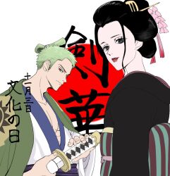 Rule 34 | 1boy, 1girl, black hair, closed mouth, commentary request, green hair, hair ornament, hair stick, hisarakanoi, holding, holding sheath, holding sword, holding weapon, japanese clothes, japanese flag, katana, kimono, lips, lipstick, looking at viewer, makeup, nico robin, official alternate costume, one piece, red lips, roronoa zoro, scar, scar on chest, sheath, sheathed, short hair, smile, sword, topknot, translation request, weapon