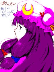 Rule 34 | 1girl, crescent hat ornament, female focus, hat, hat ornament, kanoe soushi, long hair, patchouli knowledge, purple eyes, purple hair, ribbon, solo, touhou, translated, white background