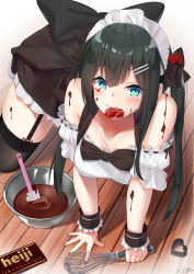 Rule 34 | 1girl, all fours, bare shoulders, black dress, black thighhighs, blush, chocolate, collarbone, dress, fingernails, garter straps, hair ornament, hairclip, headdress, highres, looking at viewer, maid, maid headdress, mirea, mole, mole under eye, mouth hold, nail polish, original, side ponytail, solo, spill, thighhighs, valentine, whisk, wooden floor, wrist cuffs