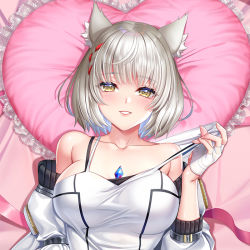 Rule 34 | 1girl, :d, animal ear fluff, animal ears, bare shoulders, bed sheet, braid, breasts, camisole, cat ears, chest jewel, cirnos, collarbone, dakimakura (medium), fingerless gloves, from above, gloves, grey hair, head on pillow, heart, heart-shaped pillow, jacket, large breasts, long sleeves, looking at viewer, lying, mio (xenoblade), off shoulder, on back, on bed, open clothes, open jacket, open mouth, parted lips, pillow, pulled by self, short hair, smile, solo, strap pull, upper body, white camisole, white gloves, white jacket, xenoblade chronicles (series), xenoblade chronicles 3, yellow eyes