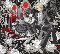 1boy 1girl ascot black_dress black_footwear black_hair black_jacket black_pants black_suit black_veil blue_butterfly bug butterfly candle collared_shirt commission crossed_legs dress flower formal_clothes frilled_dress frills full_body glasses gloves gothic_lolita hanagaki_takemichi highres insect jacket lolita_fashion long_sleeves looking_at_another meremero original pants rose round_eyewear shirt shoes silk smile spider spider_web suit tokyo_revengers veil white_ascot white_flower white_gloves white_rose white_shirt