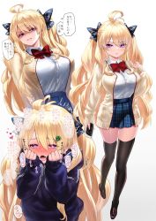 Rule 34 | 1girl, ahoge, alt text, black thighhighs, blonde hair, blush, breasts, cardigan, cellphone, commentary request, glaring, heart, heart-shaped pupils, highres, jacket, loafers, long hair, looking at viewer, multiple views, neck ribbon, original, phone, pleated skirt, purple eyes, ribbon, school uniform, shoes, simple background, skindentation, skirt, sleeves past wrists, smartphone, symbol-shaped pupils, thighhighs, translated, tsundere, white background, yapo (croquis side)