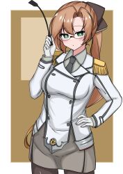 Rule 34 | 1girl, absurdres, akigumo (kancolle), bespectacled, black necktie, blush, breasts, brown background, brown hair, buttons, collared shirt, cosplay, double-breasted, epaulettes, glasses, gloves, green eyes, grey skirt, hair ribbon, highres, holding, holding pointer, holding riding crop, jacket, kantai collection, katori (kancolle), katori (kancolle) (cosplay), long hair, long sleeves, looking at viewer, military, military uniform, miniskirt, mole, mole under eye, necktie, pantyhose, pencil skirt, pointer, ponytail, ribbon, riding crop, rimless eyewear, shirt, skirt, smile, solo, tokiwa senkei, uniform, white background, white gloves