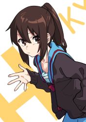 Rule 34 | 1girl, absurdres, alternate hairstyle, blue sailor collar, blue skirt, brown eyes, brown hair, brown jacket, closed mouth, commentary request, from side, hair between eyes, hand in pocket, highres, jacket, leaning forward, looking at viewer, looking to the side, muchi maro, ponytail, sailor collar, school uniform, serafuku, skirt, solo, suzumiya haruhi, suzumiya haruhi no yuuutsu