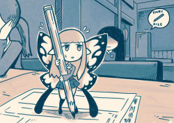 Rule 34 | 3girls, aerie (bravely default), bravely default: flying fairy, bravely default (series), classroom, commentary, english commentary, english text, fairy, fairy wings, flying sweatdrops, limited palette, long hair, multiple girls, oversized object, pencil, school uniform, setz, shaded face, speech bubble, sweatdrop, wings, writing