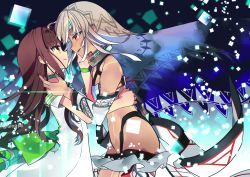 Rule 34 | 10s, 2girls, :d, altera (fate), bare shoulders, black nails, blunt bangs, breasts, brown hair, choker, couple, dark-skinned female, dark skin, detached sleeves, dress, eye contact, face-to-face, fate/extella, fate/extra, fate (series), female focus, full-body tattoo, green choker, grey hair, hug, interracial, jewelry, kishinami hakuno (female), long hair, looking at another, midriff, multiple girls, nail polish, navel, neck ring, negi (ulog&#039;be), open mouth, orange eyes, panties, red eyes, revealing clothes, short hair, smile, stomach, tattoo, tears, type-moon, underwear, wristband, yuri