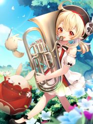 Rule 34 | 1girl, :d, absurdres, ahoge, blue sky, blurry, child, cloud, cloudy sky, clover print, commentary request, depth of field, detached sleeves, dodoco (genshin impact), euphonium, field, flower, flower field, genshin impact, hair between eyes, hat, highres, holding, holding instrument, hoshiusagi no chloe, instrument, jumpy dumpty, klee (genshin impact), light brown hair, long hair, looking at viewer, low twintails, music, official alternate costume, open mouth, orange eyes, playing instrument, short sleeves, sidelocks, sky, smile, solo, stuffed animal, stuffed toy, tree, twintails, walking