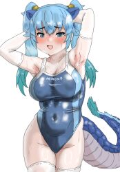 Rule 34 | 1girl, absurdres, animal ears, armpits, arms behind head, blue eyes, blue hair, blue one-piece swimsuit, blush, breasts, cleavage, competition swimsuit, covered navel, dragon girl, dragon tail, hair between eyes, highleg, highleg swimsuit, highres, kemono friends, kemono friends 3, kumasyan1998, large breasts, long hair, looking at viewer, multicolored hair, one-piece swimsuit, open mouth, seiryuu (kemono friends), simple background, smile, solo, standing, swimsuit, tail, twintails, two-tone swimsuit