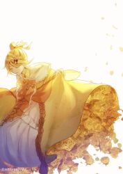 Rule 34 | 1girl, aryuma772, backlighting, bare shoulders, blonde hair, bloom, bow, brooch, choker, closed eyes, clothes lift, collarbone, detached collar, dress, dress bow, dress flower, earrings, evillious nendaiki, falling flower, falling petals, flower, frilled choker, frilled dress, frills, hair bow, hair ornament, hairclip, highres, jewelry, kagamine rin, lifting own clothes, long sleeves, orange bow, petals, riliane lucifen d&#039;autriche, rose, senjougahara pose, short ponytail, skirt, skirt hold, skirt lift, smile, solo, strapless, strapless dress, twitter username, updo, vocaloid, wide sleeves, yellow bow, yellow choker, yellow dress, yellow flower, yellow rose