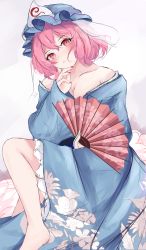 Rule 34 | 1girl, absurdres, bare shoulders, blue kimono, blush, hand fan, hat, head tilt, highres, japanese clothes, kimono, looking at viewer, mob cap, nail polish, off shoulder, orchid (orukido), paper fan, pink eyes, pink hair, saigyouji yuyuko, simple background, sketch, smile, solo, touhou
