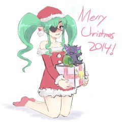 Rule 34 | 1girl, bad id, bad tumblr id, bare shoulders, blush, box, christmas, detached sleeves, dress, eyepatch, fang, flat chest, gift, gift box, green hair, hat, highres, long hair, pheles izayoi, pink eyes, pointy ears, red dress, red seiryu, red socks, santa costume, santa hat, sidelocks, socks, solo, strapless, strapless dress, stuffed toy, the guided fate cross thesis, twintails