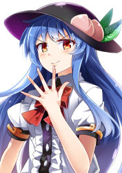 Rule 34 | &gt;:), 1girl, blue hair, bow, doyagao, e.o., finger to mouth, fingernails, food, fruit, hat, hinanawi tenshi, lips, long hair, looking at viewer, peach, puffy short sleeves, puffy sleeves, red eyes, short sleeves, simple background, smirk, smug, solo, touhou, upper body, v-shaped eyebrows, very long hair, white background