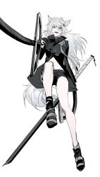 Rule 34 | 1girl, animal ears, arknights, bare legs, black footwear, black jacket, chinese commentary, commentary request, fangs, foreshortening, full body, grey eyes, hair ornament, hairclip, highres, holding, holding sword, holding weapon, jacket, lappland (arknights), long hair, long sleeves, material growth, midriff, open mouth, oripathy lesion (arknights), pointing weapon, shoes, simple background, solo, sword, tail, teeth, upper teeth only, weapon, white background, white hair, wolf ears, wolf girl, wolf tail, xiandao1213