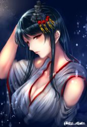 Rule 34 | 1girl, black hair, blush, breasts, cleavage, closed mouth, detached sleeves, fusou (kancolle), hair between eyes, hair ornament, headgear, highres, japanese clothes, kantai collection, kazu (otonoki86), large breasts, long hair, looking at viewer, night, night sky, red eyes, sky, solo, upper body