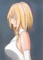 Rule 34 | 1girl, alternate costume, blonde hair, breasts, dress, drill hair, from side, highres, kage no jitsuryokusha ni naritakute!, large breasts, official alternate costume, profile, rose oriana, short hair, sideboob, solo, wedding dress, yellow eyes
