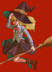 Rule 34 | 1girl, alternate costume, bad id, bad pixiv id, blonde hair, boots, braid, broom, charin, female focus, full body, hat, highres, holding, holding clothes, holding hat, kirisame marisa, long hair, red theme, ribbon, shaded face, simple background, solo, touhou, witch, witch hat, yellow eyes