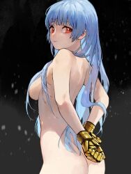 Rule 34 | 1girl, arms behind back, ass, back, blue hair, breasts, completely nude, from side, gloves, highres, kula diamond, long hair, looking at viewer, medium breasts, nude, oni gini, red eyes, sideboob, smile, solo, the king of fighters