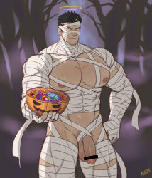 Rule 34 | 1boy, absurdres, bandages, bar censor, bara, black hair, bulge, candy, censored, covered abs, covered navel, cowboy shot, english text, facial hair, flaccid, food, forest, halloween, halloween costume, halo, highres, jack-o&#039;-lantern, k sen212, large pectorals, looking at viewer, male focus, manly, mummy costume, muscular, nature, nipples, pectorals, penis, pumpkin, revealing clothes, short hair, sideburns, solo, stubble, thick thighs, thighs, tokyo houkago summoners, yellow eyes, zabaniyya (halloween) (housamo), zabaniyya (housamo)