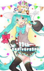 Rule 34 | 1girl, black skirt, black thighhighs, blue bow, blue eyes, blue hair, blush, bow, character doll, english text, etto eat, gloves, happy birthday, hat, hatsune miku, highres, holding, holding microphone stand, microphone, microphone stand, open mouth, skirt, smile, solo, thighhighs, vocaloid, white gloves, white hat