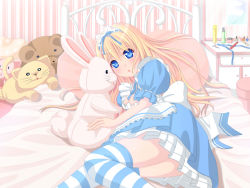 Rule 34 | 1girl, alice (alice in wonderland), alice in wonderland, animal ears, bed, blonde hair, blue eyes, blush, cat ears, cat girl, cat tail, chibimame, female focus, headdress, indoors, lying, solo, striped clothes, striped thighhighs, stuffed animal, stuffed rabbit, stuffed toy, tail, teddy bear, thighhighs