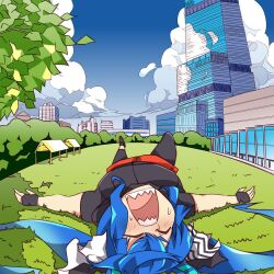 Rule 34 | 1girl, alternate costume, animal ears, black footwear, black gloves, black shirt, blue hair, blue sky, building, closed eyes, cloud, cloudy sky, commentary request, exhausted, gloves, grass, heavy breathing, horse ears, horse girl, horse tail, leggings, long hair, lying, on back, on grass, on ground, open mouth, outdoors, outstretched arms, sharp teeth, shirt, shoes, sky, sneakers, solo, spread arms, sweat, tail, teeth, tree, twin turbo (umamusume), twintails, umamusume, very long hair, wahiko (black bastard)