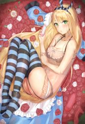 Rule 34 | 1girl, alice (alice in wonderland), alice in wonderland, ass, bare arms, black bra, black panties, blonde hair, blush, bra, breasts, cellphone, cleavage, collarbone, cuffs, dress, flower, flower bed, frilled bra, frills, garter straps, green eyes, groin, hairband, highres, holding, holding phone, long hair, looking at viewer, lying, medium breasts, navel, nightgown, no shoes, on side, original, panties, phone, pocket watch, red flower, red footwear, red rose, reinama, rose, see-through, shackles, shoes, smartphone, solo, striped clothes, striped hairband, striped thighhighs, thighhighs, underwear, unworn clothes, unworn dress, unworn shoes, very long hair, watch, white flower, white rose
