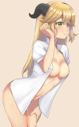Rule 34 | 1girl, aletta, alternate hair length, alternate hairstyle, beige background, blonde hair, blush, breasts, closed mouth, collarbone, cowboy shot, from side, green eyes, hair between eyes, hand on own thigh, highres, horns, isekai shokudou, medium breasts, naked shirt, navel, open clothes, open shirt, piano-alice, puffy short sleeves, puffy sleeves, shirt, short sleeves, simple background, solo, white shirt