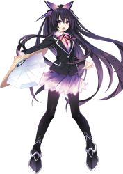 Rule 34 | 10s, 1girl, blazer, date a live, full body, highres, holding, holding weapon, jacket, long hair, open mouth, pantyhose, pleated skirt, purple eyes, purple hair, school uniform, skirt, solo, standing, sword, transparent background, tsunako, very long hair, weapon, white background, yatogami tooka