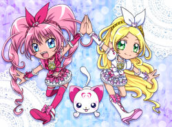 Rule 34 | 10s, 2girls, blonde hair, blue eyes, boots, braid, brooch, cat, choker, cure melody, cure rhythm, curly hair, dress, frills, green eyes, hair ribbon, hairband, happy, heart, houjou hibiki, hummy (suite precure), jewelry, lace, long hair, magical girl, minamino kanade, multiple girls, musical note, pink hair, pink legwear, precure, ribbon, shoes, smile, star line, suite precure, symmetry, thighhighs, twintails, wrist cuffs