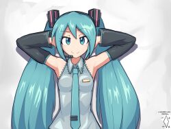Rule 34 | 1girl, aqua eyes, aqua hair, aqua necktie, arms behind head, arms up, artist logo, artist name, black sleeves, breasts, closed mouth, commentary, dated, detached sleeves, digiral, dot nose, english commentary, grey shirt, hair ornament, hatsune miku, josh hutcherson whistle edit (meme), long hair, long sleeves, looking at viewer, meme, microphone, necktie, shirt, sidelocks, simple background, sleeveless, sleeveless shirt, small breasts, smile, solo, split mouth, straight-on, twintails, upper body, very long hair, vocaloid, white background