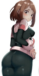 Rule 34 | 1girl, ass, ass focus, blush, bodysuit, boku no hero academia, breasts, brown eyes, brown hair, embarrassed, green bodysuit, highres, looking at viewer, looking back, medium breasts, shiny clothes, short hair, sidelocks, skin tight, solo, superhero costume, thick eyebrows, thighs, uraraka ochako, white background, zd (pixiv6210083)