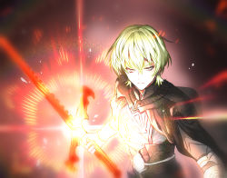 Rule 34 | 1boy, byleth (fire emblem), byleth (male) (fire emblem), fire emblem, fire emblem: three houses, gloves, glowing, glowing weapon, green eyes, green hair, hands on own hips, heroes relic (fire emblem), highres, nintendo, none (kameko227), solo, sword, sword of the creator, weapon