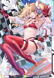 Rule 34 | 1girl, absurdres, animal, artist name, bird, blonde hair, blush, boots, breasts, checkered flag, cleavage, flag, green eyes, highres, long hair, looking at viewer, medium breasts, navel, obiwan, open mouth, page number, panties, race queen, red thighhighs, scan, simple background, solo, thigh boots, thighhighs, thighs, toranoana, underwear
