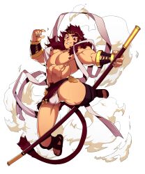 Rule 34 | 1boy, abs, absurdres, bara, bracer, bulge, circlet, covered penis, flying nimbus, gluteal fold, highres, journey to the west, large pectorals, legs apart, loincloth, looking at viewer, male focus, male underwear, male underwear peek, midair, monkey boy, monkey tail, muscular, muscular male, navel, navel hair, nipples, original, pectorals, red hair, short hair, smile, solo, stomach, sun wukong, tail, thick eyebrows, thick thighs, thighs, topless male, ttn (239 239), underwear