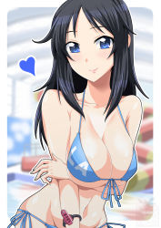 Rule 34 | 1girl, artist logo, bikini, blue eyes, blue hair, blurry, blurry background, bracelet, breast hold, breasts, cleavage, closed mouth, clothes writing, commentary, depth of field, freckles, front-tie bikini top, front-tie top, girls und panzer, halterneck, heart, highres, ichijou takakiyo, indoors, jewelry, large breasts, long hair, looking at viewer, navel, outline, pool, side-tie bikini bottom, smile, solo, standing, string bikini, swimsuit, white outline, yamagou ayumi