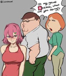 Rule 34 | 1boy, 2girls, absurdres, cleft chin, collared shirt, distracted boyfriend (meme), double chin, earrings, family guy, fat, fat man, glasses, green pants, green shirt, grey background, hair intakes, hair ornament, hairclip, highres, jewelry, kowai (iamkowai), lois griffin, meme, multiple girls, original, pants, peter griffin, purple eyes, purple hair, red tank top, round eyewear, shirt, tank top, white shirt, yellow pants