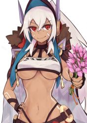 Rule 34 | 1girl, arm tattoo, azur lane, black gloves, breasts, closed mouth, crop top, dark-skinned female, dark skin, facial mark, feet out of frame, fingerless gloves, flower, gloves, hand on own hip, highres, holding, holding flower, large breasts, long hair, looking at viewer, marshall k, midriff, minneapolis (azur lane), navel, red eyes, silver hair, smile, solo, standing, tank top, tattoo, underboob, white background, white tank top