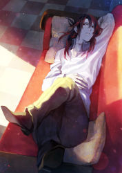 Rule 34 | 1boy, absurdres, bad id, bad pixiv id, couch, highres, crossed legs, long hair, lying, male focus, on back, original, red eyes, red hair, red upholstery, scar, solo, tokigi akira, vampire
