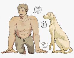 Rule 34 | 1boy, ?, all fours, animal, artist self-insert, barefoot, bogactivity, brown eyes, brown hair, brown pants, commentary, dog, dungeon meshi, english commentary, full body, glaze artifacts, highres, laios touden, light brown hair, male focus, open mouth, pants, short hair, simple background, solo, speech bubble, spoken question mark, topless male, very short hair, white background