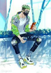 Rule 34 | 1boy, animification, apex legends, black shorts, cellphone, coffee cup, collarbone, cup, disposable cup, earrings, goggles, green hair, green jacket, hair slicked back, highres, holding, holding cup, holding phone, jacket, jewelry, jiro (regoied), male focus, mask, mechanical legs, mouth mask, octane (apex legends), phone, shorts, sitting, smartphone, solo, tree