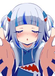 Rule 34 | 1girl, absurdres, animal costume, blue hair, blue hoodie, blunt bangs, blush, closed eyes, gawr gura, gawr gura (1st costume), grey hair, hair ornament, highres, hololive, hololive english, hood, hoodie, imminent kiss, medium hair, multicolored hair, open mouth, outstretched hand, shark costume, shark hair ornament, sidelocks, solo, streaked hair, takapyon higashi, virtual youtuber, white background
