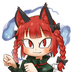 Rule 34 | 1girl, :3, animal ears, profile picture, black bow, black ribbon, bow, braid, cat ears, chamaji, commentary request, dress, female focus, frilled dress, frills, green dress, hair bow, hitodama, kaenbyou rin, long hair, long sleeves, looking at viewer, lowres, matching hair/eyes, nekomata, partial commentary, paw pose, red eyes, red hair, ribbon, signature, solo, touhou, twin braids, white background
